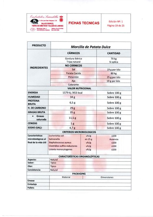 Morcilla Patatera Dulce (350 - 450 gr)
