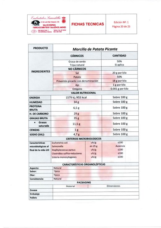 Morcilla Patatera Picante (350 - 450 gr)