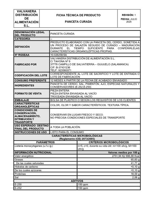 Panceta curada (450-500 gr)