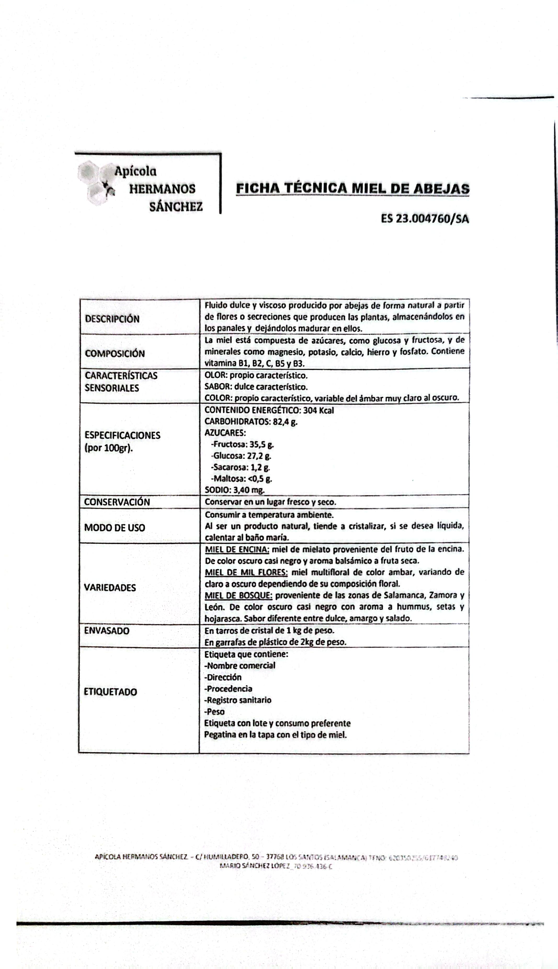 Ficha técnica miel