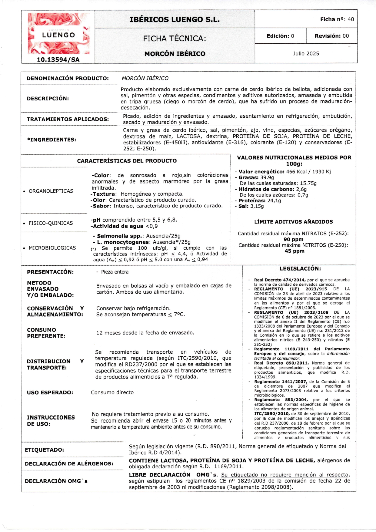 Ficha técnica de productos Sofía Luengo
